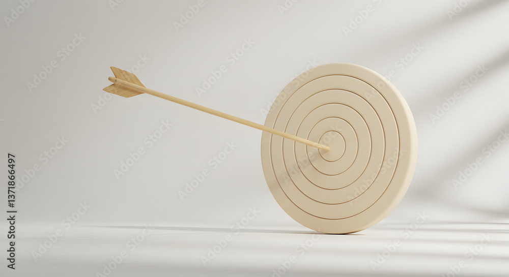 Poster minimalist beige arrow hitting bullseye on circular target against white background with window shad