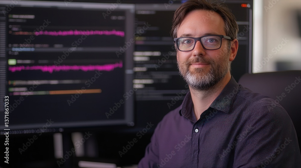 Poster cybersecurity expert writing software in ar, managing encryption layers and visualizing data protect