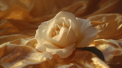 A Cream Rose Rests Upon Golden Fabric