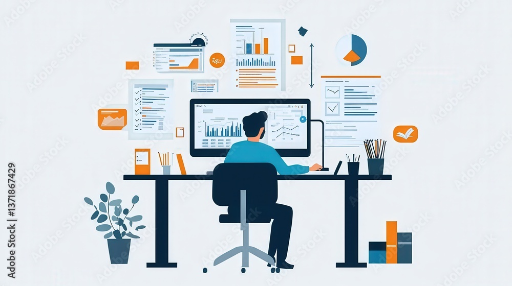Poster businessperson setting up an optimized work process, focusing on efficiency and smooth task executio