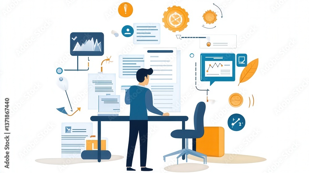 Poster businessperson setting up an optimized work process, focusing on efficiency and smooth task executio