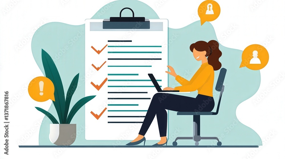 Poster businesswoman working on a laptop, documenting tasks and checking them off using a digital checklist