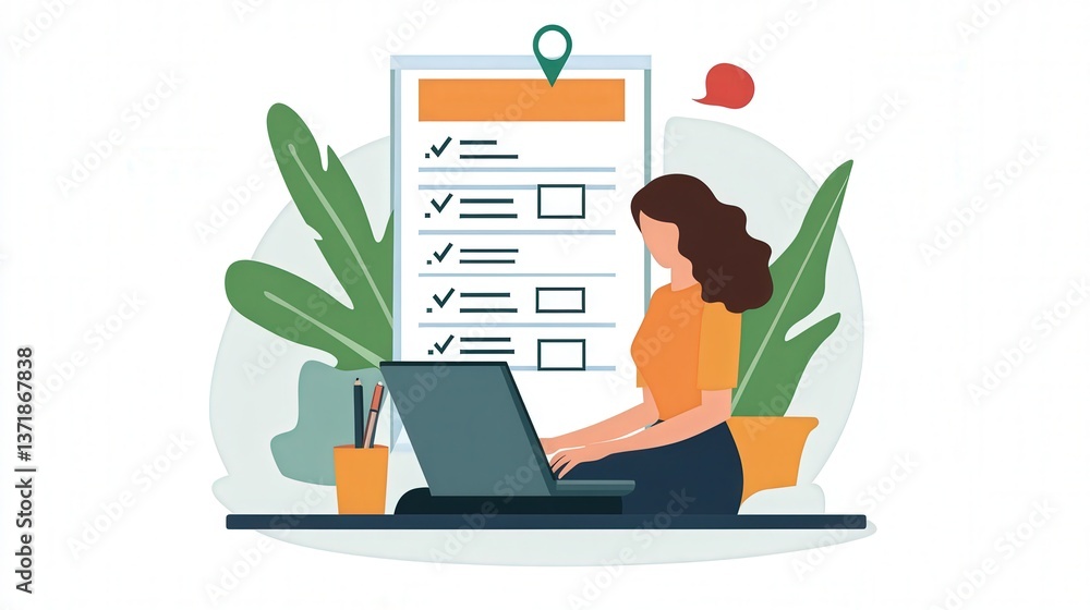Poster businesswoman working on a laptop, documenting tasks and checking them off using a digital checklist