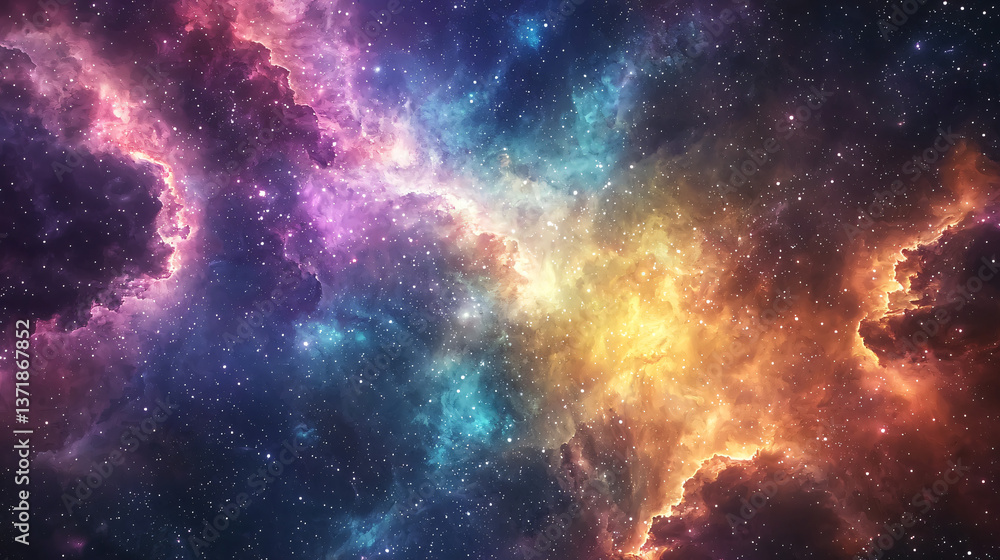 Poster nebula and stars in the cosmic space-time continuum with a soft ambient glow offering a mesmerizing 