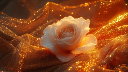 A Delicate Cream Rose Rests On Glittering Gold Fabric