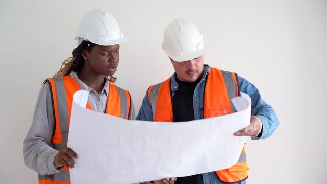 group of diversity meeting. construction worker caucasian engineer talking to african american Architects inspection with blue print at Construction site indoors. builder discussion with walkie-talkie