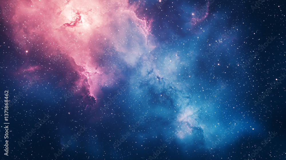 Poster nebula and star field in the cosmic space-time continuum with a soft ambient glow creating an ethere