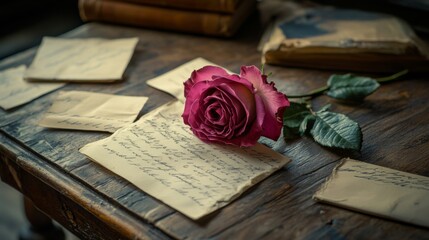 Rose Resting On Antique Letters And Books