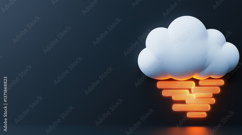 Poster a stylized cloud with glowing orange lines beneath it, set against a dark background, creating a mod