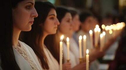  A candlelit Orthodox Easter service with worshippers holding glowing candles in reverence on Orthodox Easter Monday, 
