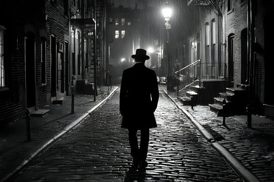 Fototapeta Silhouette of a Man Walking Alone on a Dark Cobblestone Street at Night
