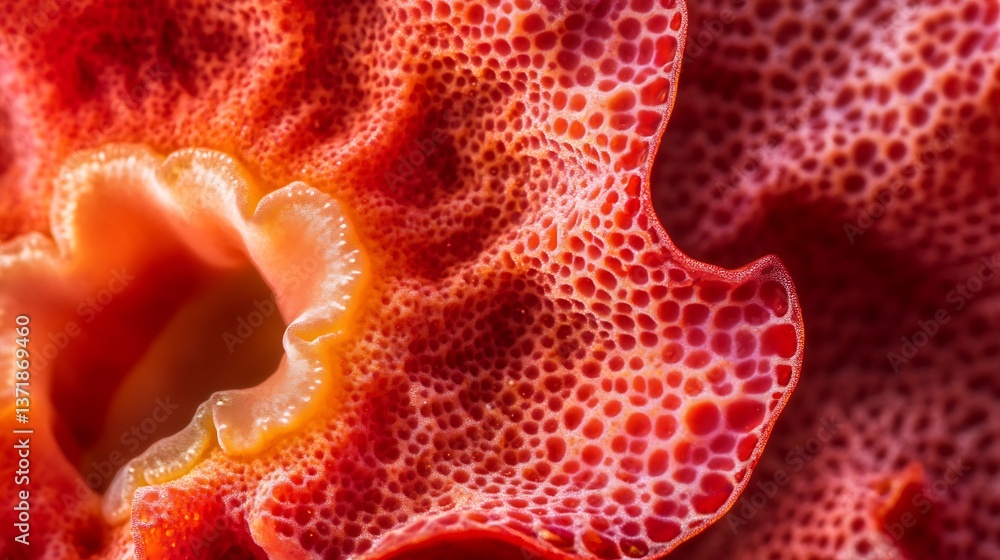 Poster a macro image of a shimmering red coral piece, emphasizing its texture and vibrant color