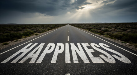 Road to Happiness Text Painted on Gray Asphalt Under Dark Sky on a Sunny Day in the Countryside