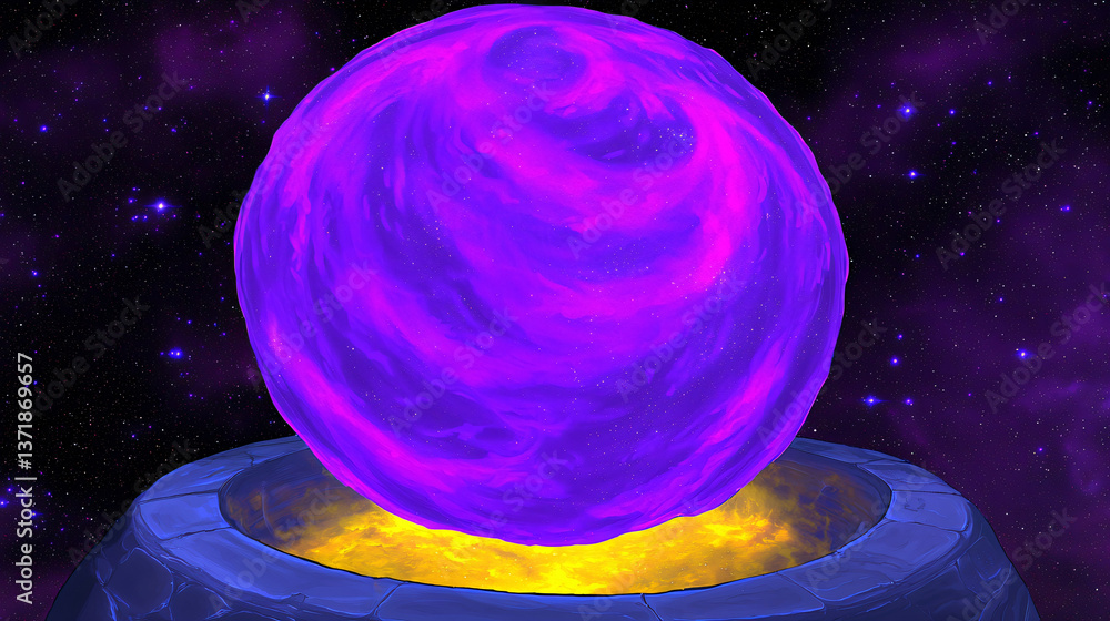 Poster purple sphere resting on a rock set against a starry background creating an otherworldly scene with 