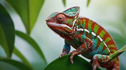 Obraz premium Vibrant Panther Chameleon on Green Leaf
