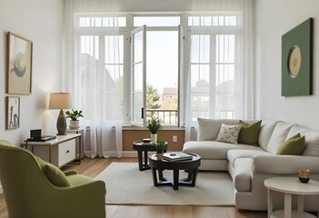 Interior of a living room with a white sofa, a green armchair, a white coffee table, and a large window with white curtains, outside is a snowy landscape 
