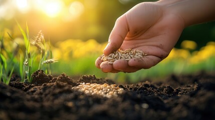 gently releasing wheat grains into fertile soil, representing renewal, sustainability, and eco-conscious living