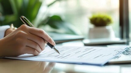 pen and filling out a personal loan form, the paper resting on a desk with a sleek laptop and finance-related documents beside it
