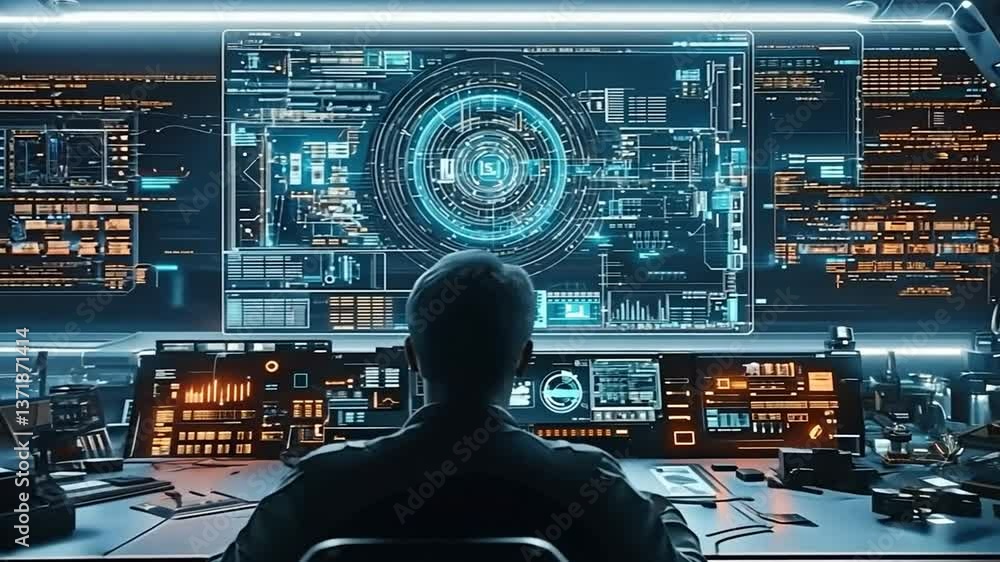 Aufkleber person monitoring digital data on multiple screens