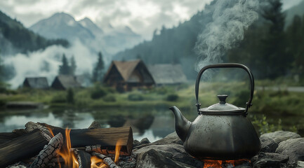 A vintage teapot is placed on top of the fire, and hot water steams up from it as tea simmers in an old-fashioned metal kettle. In the background, a bonical smokehouse village sits