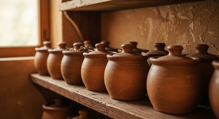 Clay Pots on Wooden Shelf in Rustic Setting with Window Light
