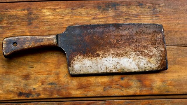 Antique meat cleaver resting on a wooden surface with visible wear and history