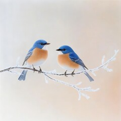 Fototapeta premium Eastern bluebirds on frosty branch