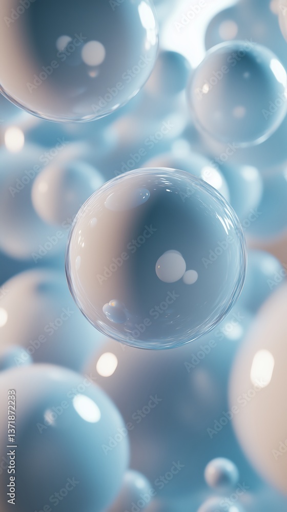 Poster bubbles floating in a soft blue background. geometric shapes & abstract loops