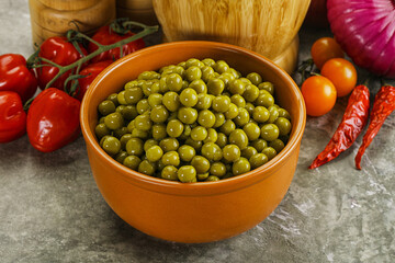 Sweet canned young green peas