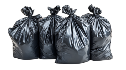 Four full black garbage bags ready for disposal waste removal cleanup