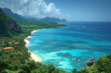 Fototapeta premium Breathtaking aerial view of tropical beach, turquoise water, mountains, and lush greenery.