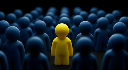 Fototapeta premium Yellow Figure Standing Out in Blue Crowd Symbolizing Leadership and Individuality in a Dark Background