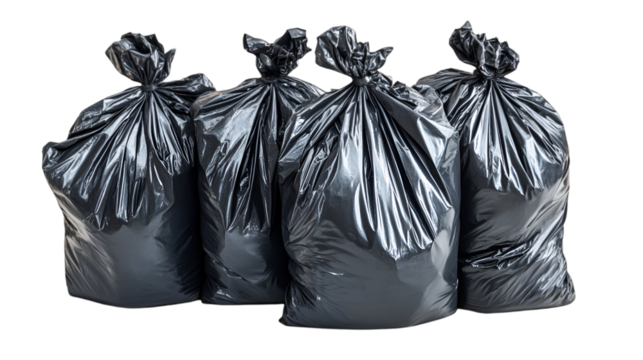 Four full black garbage bags ready for disposal waste removal cleanup