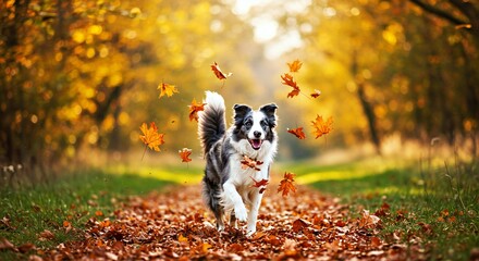 Fototapeta premium A Border Collie Running Through a Clearing in an Autumn Forest, Kicking up Fallen Leaves_