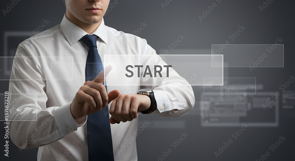 Poster young businessman touching start button on virtual interface in gray background