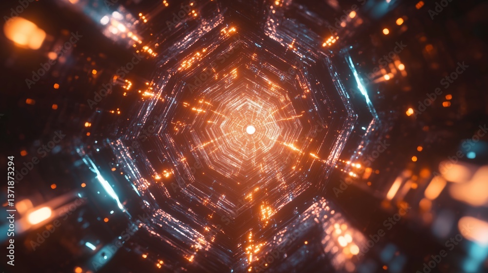 Poster abstract geometric pattern with glowing lights and depth. geometric shapes & abstract loops