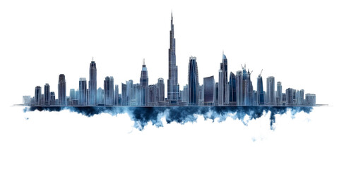 Naklejka premium Majestic Skyline of a Modern City at Dusk with Towering Skyscrapers and Dramatic Clouds Illuminated by Twilight Radiance