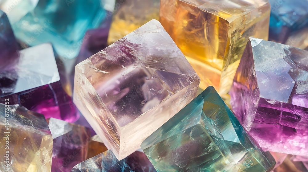 Poster a macro image of a colorful fluorite cube, showcasing its translucent hues and internal reflections