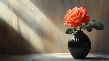 Single Orange Rose in a Black Vase with Light
