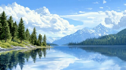 Serene Lake View with Mountains and Lush Green Forest Scenery
