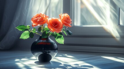 Three orange roses in a dark vase near a window