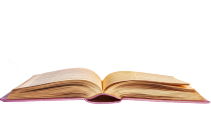 Open Book with Yellowed Pages and Soft Spine on White Background, Ideal for Education, Learning, Literature, and Reading Themes in Various Projects