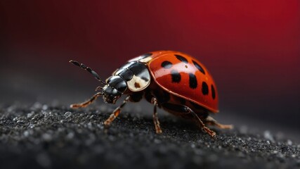 Fototapeta premium Close-up Ladybug on Dark Surface,Red and Black Insect
