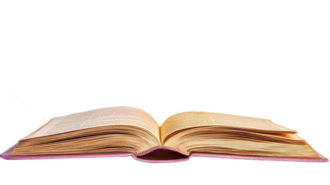 Open Book with Yellowed Pages and Soft Spine on White Background, Ideal for Education, Learning, Literature, and Reading Themes in Various Projects