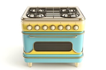 Obraz premium Retro gas stove, vibrant colors, studio shot, kitchen appliance