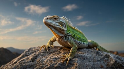 Fototapeta premium Green Iguana on Rock,Sunset Landscape