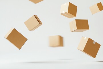 Obraz premium Cardboard Boxes Floating Dynamically on a White Background Representing Package Delivery