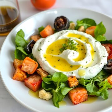 Una ensalada ligera con queso ricotta fresco, verduras asadas y aceite de oliva