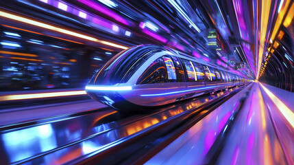 Futuristic train speeding through vibrant, illuminated tunnel, showcasing advanced technology and dynamic motion