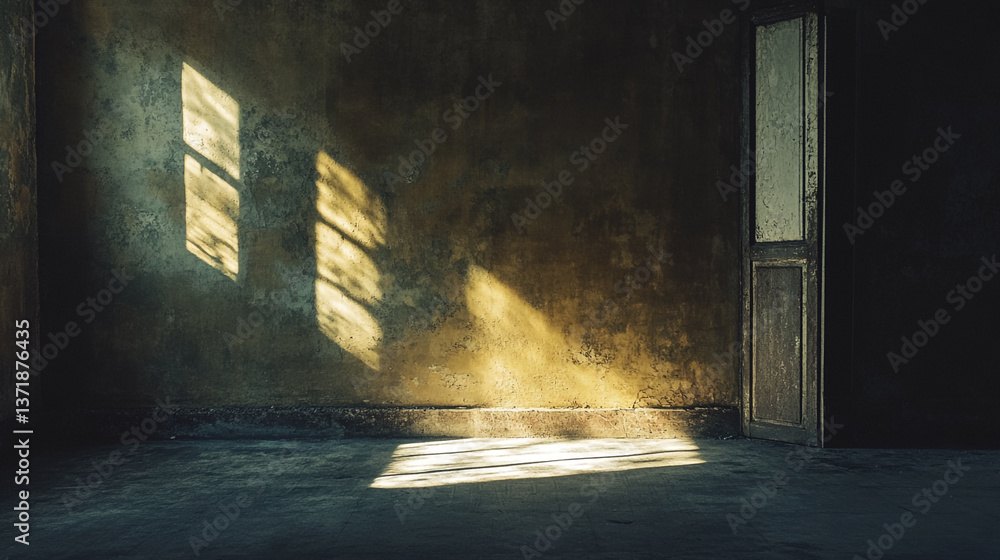 Poster sunlight streaming through window illuminating empty room with open door and textured walls